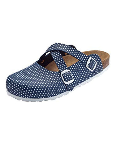 CLINIC DRESS Clog - Clogs Damen bunt. Schuhe für Krankenschwestern, Ärzte oder Pflegekräfte Navy/weiß, gepunktet, Polka Dots 40 im Sale